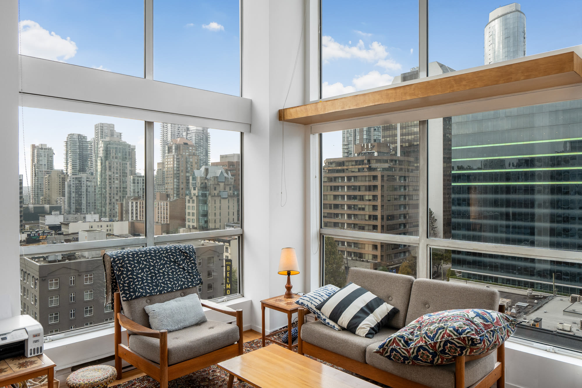 Living room with double height windows